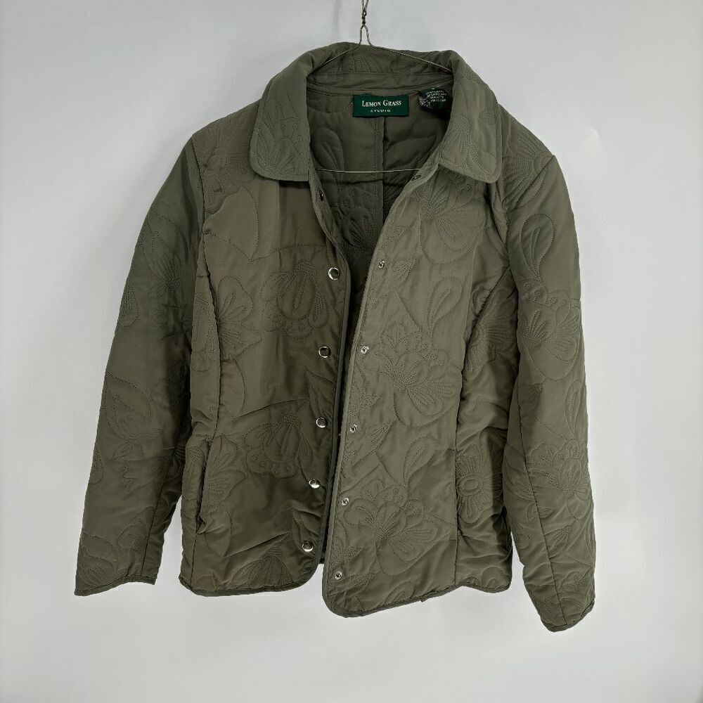 Lemongrass Womens olive green floral quilted light fall work jacket small
